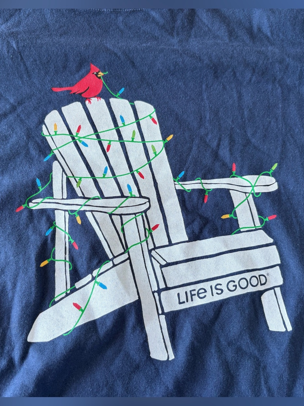 Life Is Good Navy Long Sleeve Tee with White Adirondack Chair and Red Cardinal
